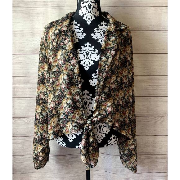 Vintage Gemini II Designs Inc Floral Blouse Open V-Front Tie Bottom Cardigan - Picture 1 of 16